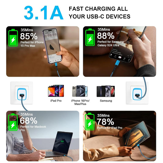 Car Carplay Cable Fast Charging 3Ft/2Pack for Iphone 17E 17 Pro Max Air 16E/16/16 Pro/16 Pro Max/16 Plus/15 Pro Max,3.1A USB Type C Charger Cord Car Fast Cable for Samsung Galaxy S26 S25 A17,Pixel 10A
