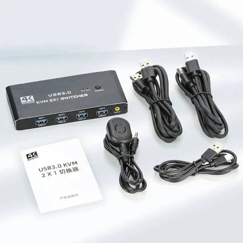 USB 3.0 KVM 2x1 Switch With Remote for 2 Computers Share 1 HDMI-compatible Monitor and Keybord/Mouse/Printer(4 USB Peripherals)