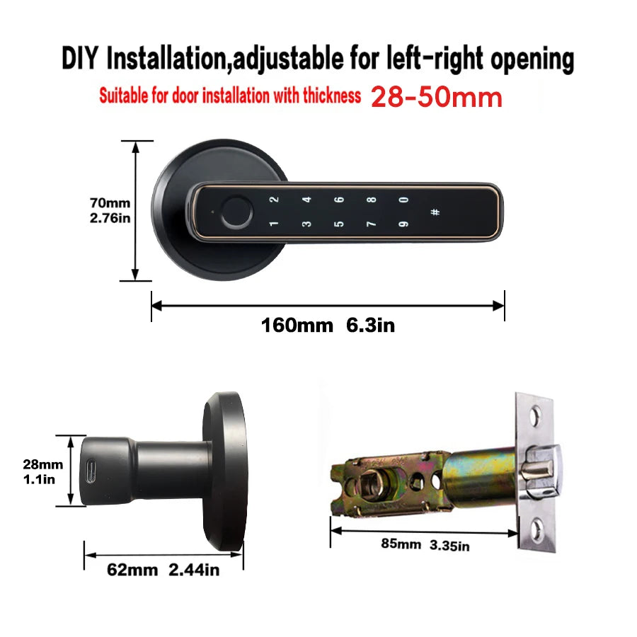 RAYKUBE M3-S Tuya BLE Smart Fingerprint Door Lock Electronic Lock with Password/Key/Smartlife/Tuya APP Remote Unlock For Bedroom