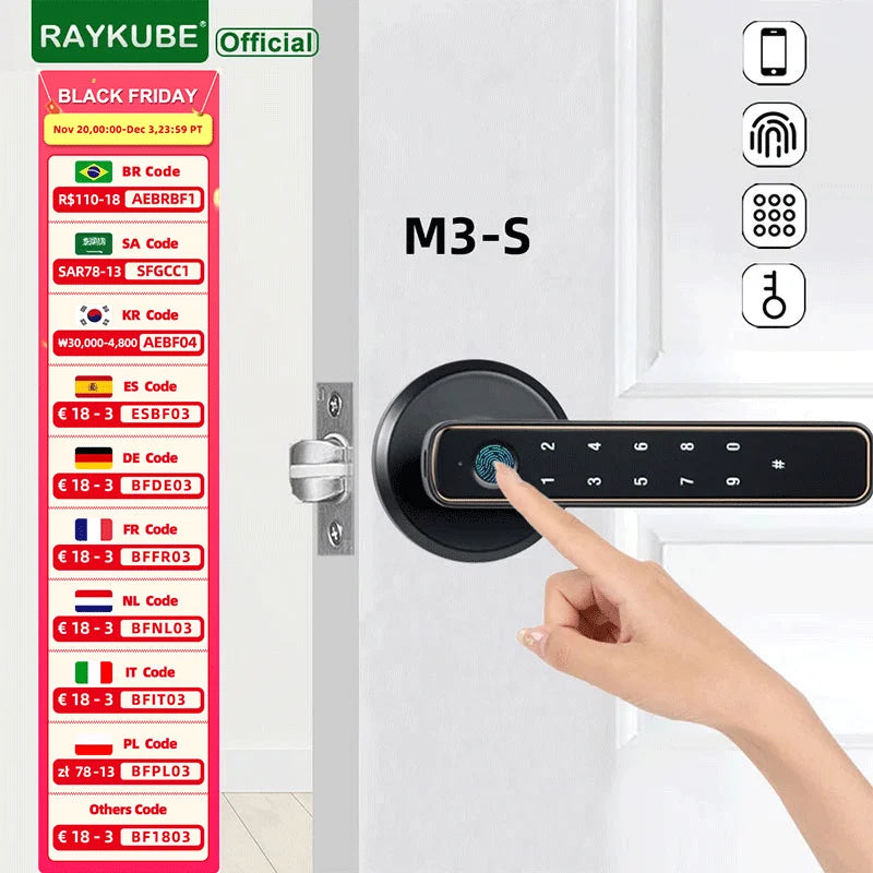 RAYKUBE M3-S Tuya BLE Smart Fingerprint Door Lock Electronic Lock with Password/Key/Smartlife/Tuya APP Remote Unlock For Bedroom