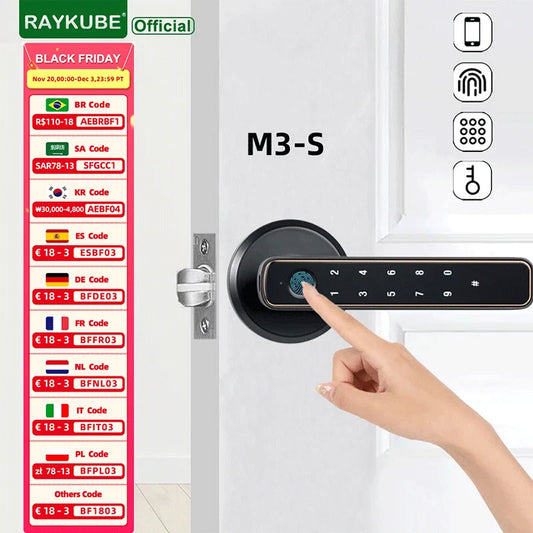 RAYKUBE M3-S Tuya BLE Smart Fingerprint Door Lock Electronic Lock with Password/Key/Smartlife/Tuya APP Remote Unlock For Bedroom