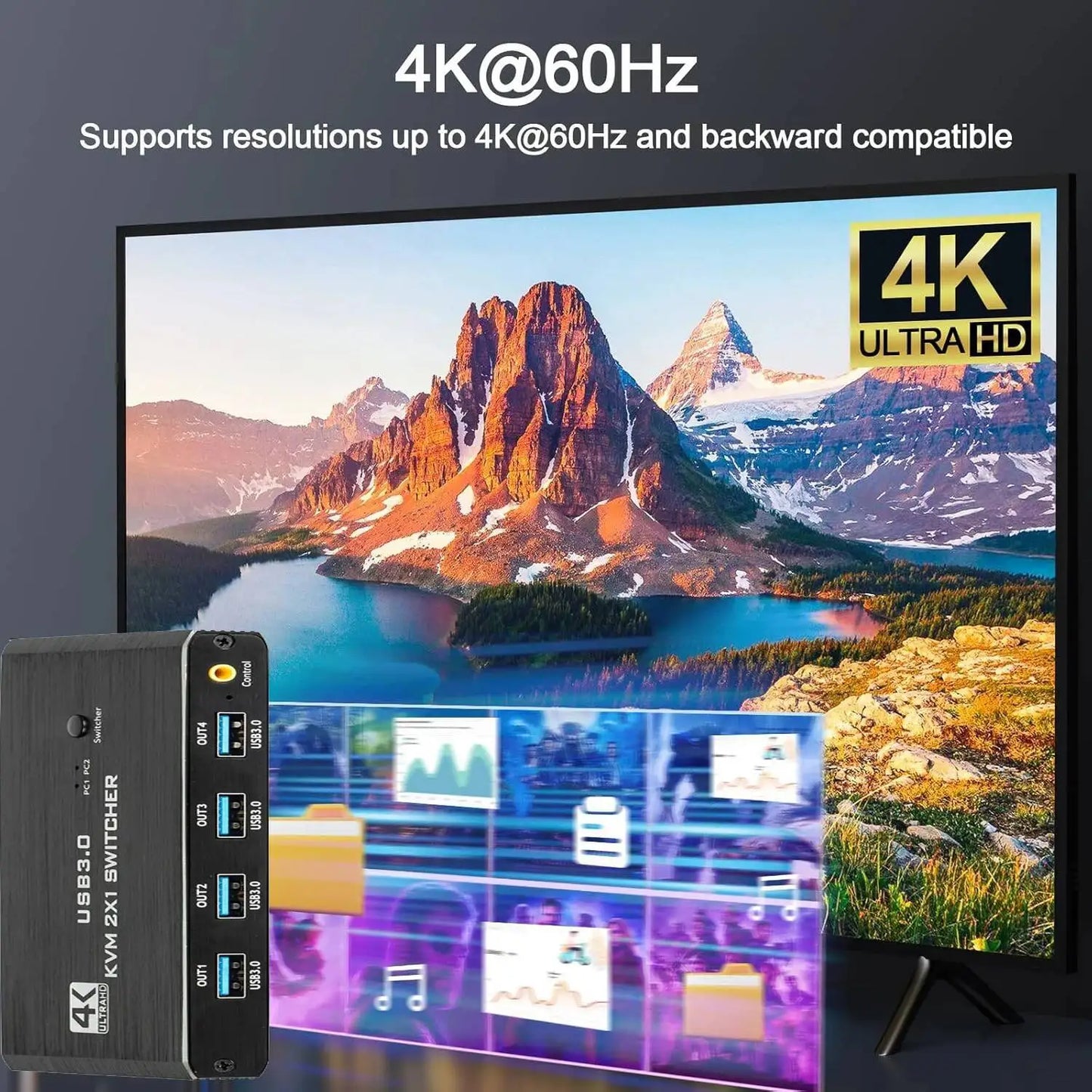 USB 3.0 KVM 2x1 Switch With Remote for 2 Computers Share 1 HDMI-compatible Monitor and Keybord/Mouse/Printer(4 USB Peripherals)