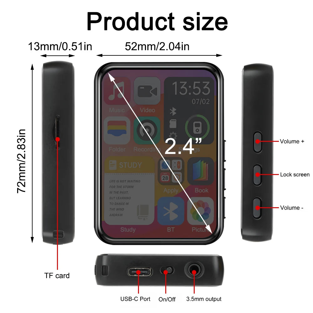 32GB Portable Mp3 Player 2.4'' Touch Screen With BT 5.4 MP3 Player with Built-in HD Speaker Support voice recording,video,e-book