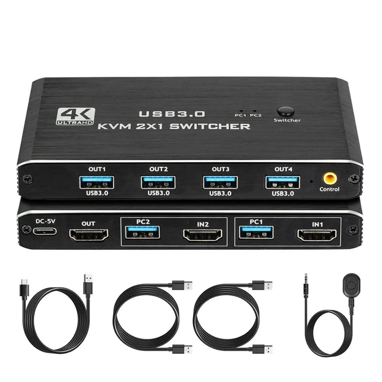 USB 3.0 KVM 2x1 Switch With Remote for 2 Computers Share 1 HDMI-compatible Monitor and Keybord/Mouse/Printer(4 USB Peripherals)
