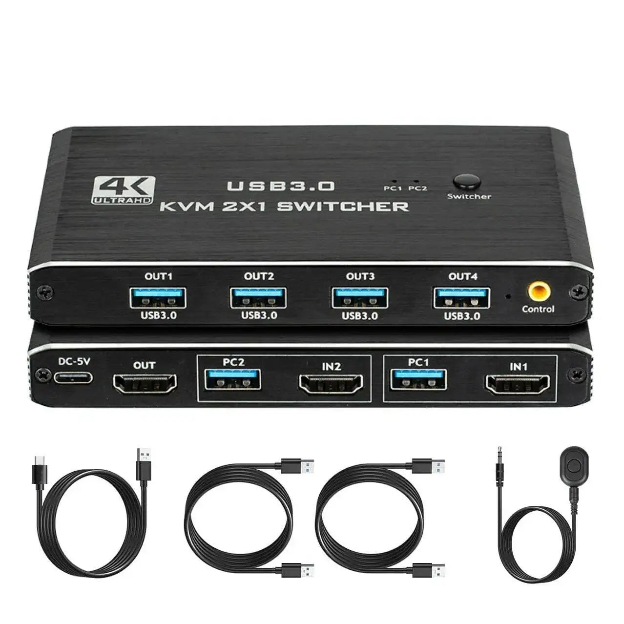 USB 3.0 KVM 2x1 Switch With Remote for 2 Computers Share 1 HDMI-compatible Monitor and Keybord/Mouse/Printer(4 USB Peripherals)